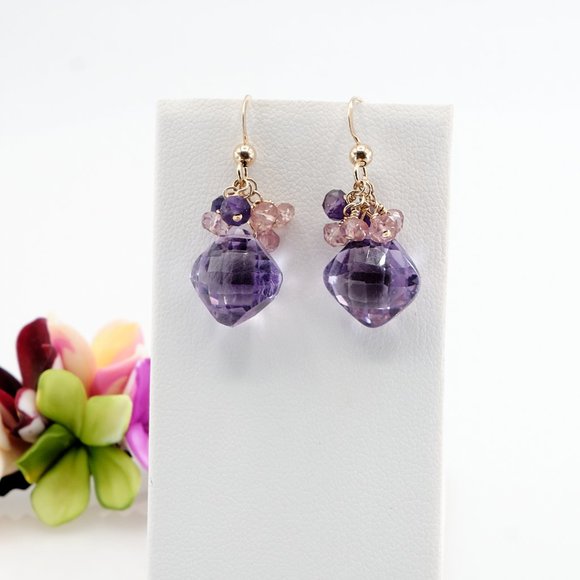 Amethyst Earrings with Amethyst Pink Topaz Cluster, 14K Gold Filled Earrings - Picture 5 of 10